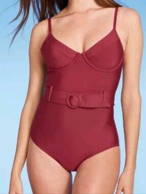 Shade & Shore Women's Underwire One Piece Swimsuit Belted Swimwear Red Sz M New
